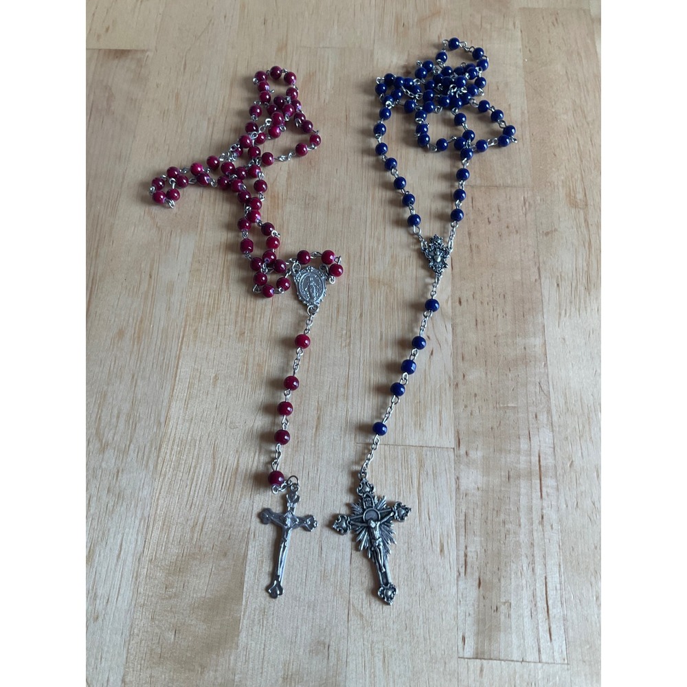 2pc Catholic Rosary Set Blue Our Lady of Fatima 100th Anniversary & Red Glass